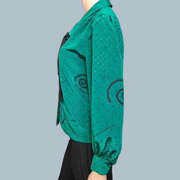 Vintage 80s Secretary Blouse Green Swirl Pattern Tie Neck Long Sleeve Petite M - Picture 5 of 9
